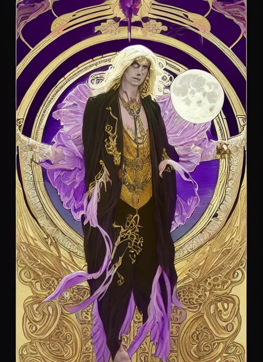 Image similar to thanatos, beautiful male god of death, long hair, wearing ornate silk and lace clothes, gold jewelry, moon, purple feathers, by Alphonse Mucha, by artgerm, super detailed, 8k