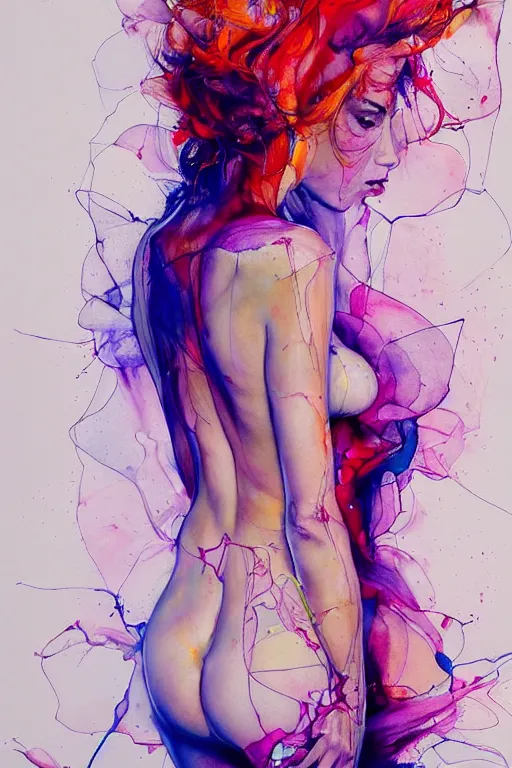 Image similar to sophia vergara by agnes cecile enki bilal moebius, intricated details, 3 / 4 back view, bendover posture, full body portrait, extremely luminous bright design, pastel colours, drips, autumn lights