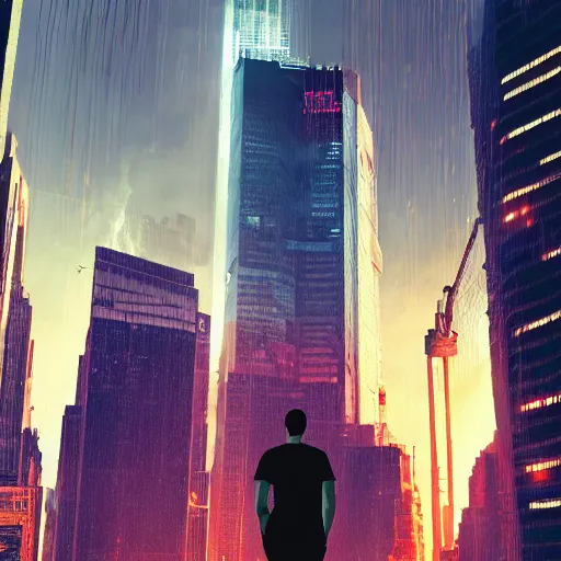 Image similar to An illustration of a cyberpunk world in New york, photorealistic, there's a man standing in front of new york, 8k, digital art