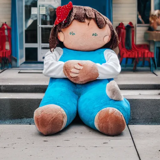 Image similar to blue'snappy gifts'human - sized plush doll, on sidewalk, holding gift, happy atmosphere, high detail, soft lighting, 8 k