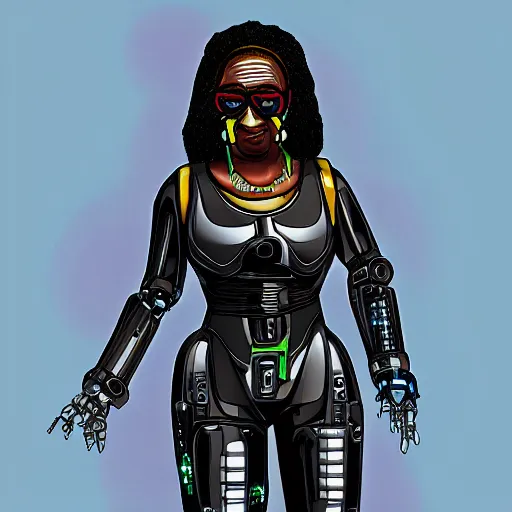 Image similar to cyberpunk robotic whoopi goldberg, sharp lines, digital, artstation, colored in