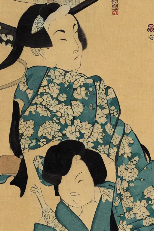 Image similar to geisha with traditional kimono, art of the katsushika hokusai