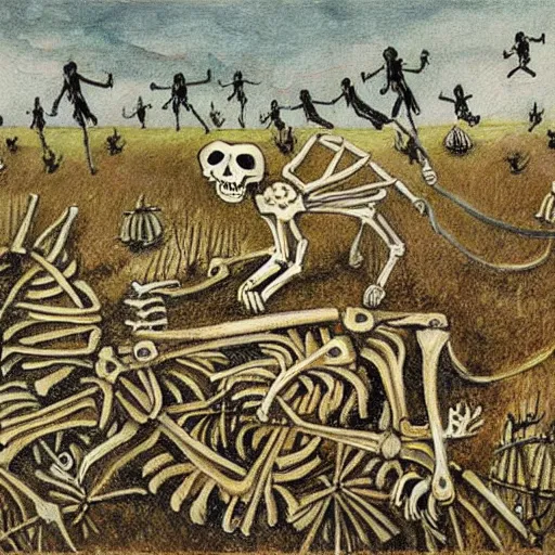 Image similar to a painting of a cat's skeleton walking around a field, in the style of bubonic plague paintings.