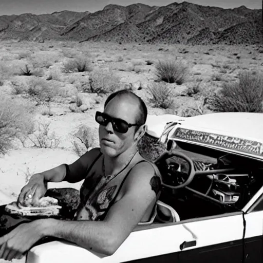 Prompt: hunter S. Thompson eating a sandwich on a jeep in the desert going really fast