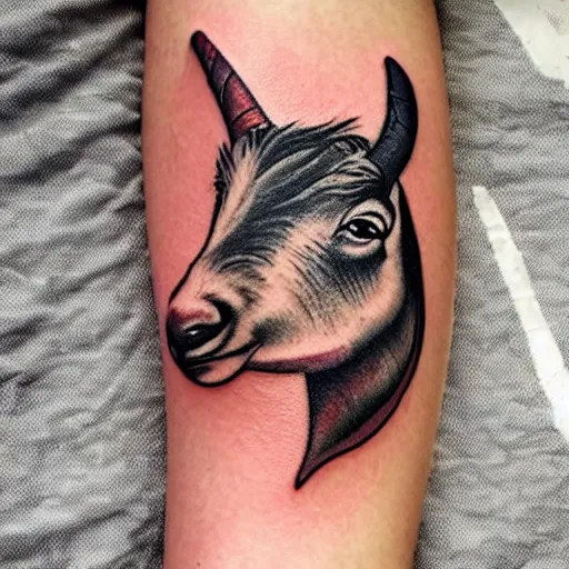 Image similar to A small tattoo of a goat. The goat is holding a large cinnamon churro in its mouth