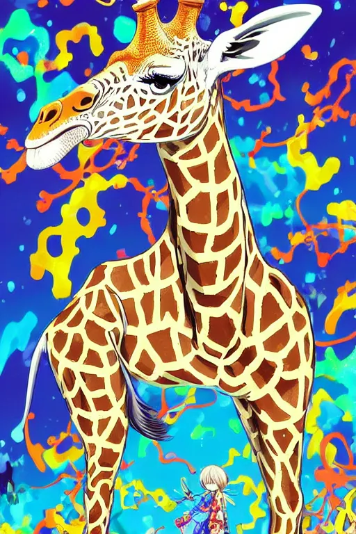 Prompt: maximalist joyful giraffe, trending on pixiv fanbox, painted by makoto shinkai takashi takeuchi studio ghibli, akihiko yoshida, yoshitaka amano, wangechi mutu, clean cel shaded vector art. shutterstock. behance hd by lois van baarle, artgerm, helen huang, rossdraws, illustration