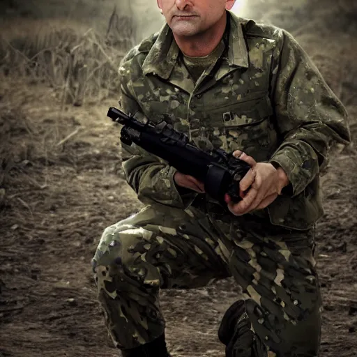 Image similar to steve carrel wearing military outfit and camouflage cinematic photoshoot high quality highly affordable photo realistic 8 k hd