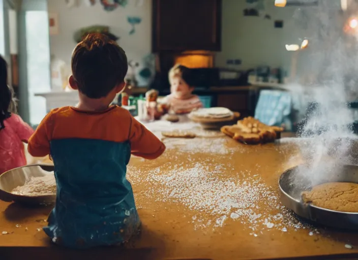 Image similar to a 3 5 mm photo from the back of a family making cookies, splash art, movie still, bokeh, canon 5 0 mm, cinematic lighting, dramatic, film, photography, golden hour, depth of field, award - winning, anamorphic lens flare, 8 k, hyper detailed, 3 5 mm film grain