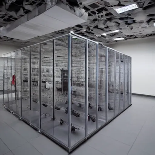 Image similar to google server room, destroyed, ransacked