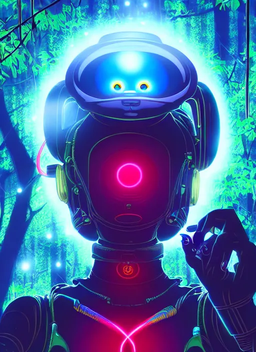 Image similar to cyber monkey in the scifi forest, in style james jean, ilya kuvshinov, hot colors, global illumination ray tracing hdr radiating a glowing aura