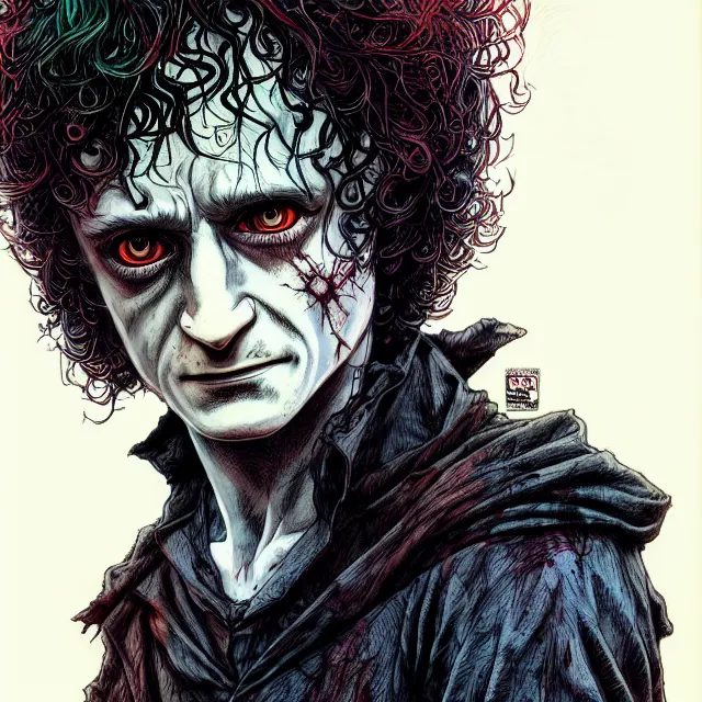 Prompt: symmetrical complex fine detail, black ink & copic markers, vibrant muted colors, disturbing grunge still of a [ solomonic demon infested ] [ frodo baggins ], by ( arthur adams ), by ( tom bagshaw ), by henry asencio, by kikuchi hideyuki