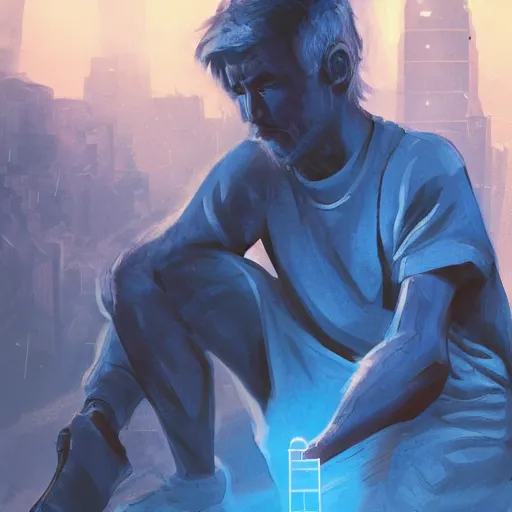 Image similar to the last human sitting in a destroyed city at night, the only light source comes from his smartphone in his hands, the smartphone light is blue, the human is in the style of Irakli Nadar on ArtStation and the city is in the style of Aleksey Pollack on ArtStation, 4k,