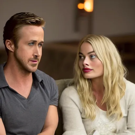 Prompt: still of ryan gosling and margot robbie, in a muet movie