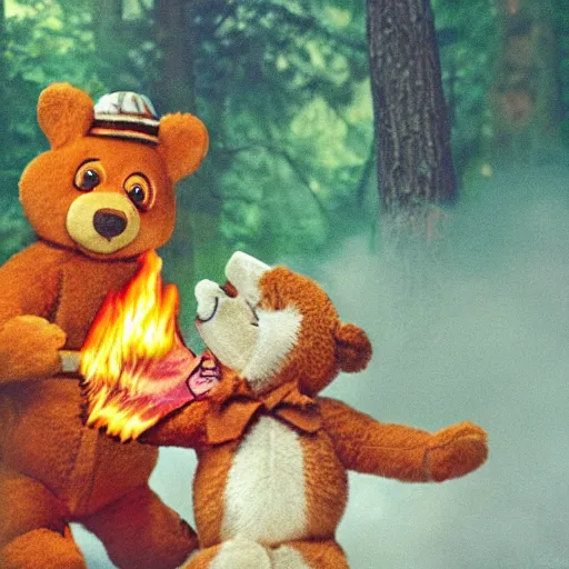 Image similar to candid photo of Teddy Ruxpin on fire in the woods, fighting valiantly against Smokey The Bear by Annie Leibowitz, photorealisitc, extremely detailed