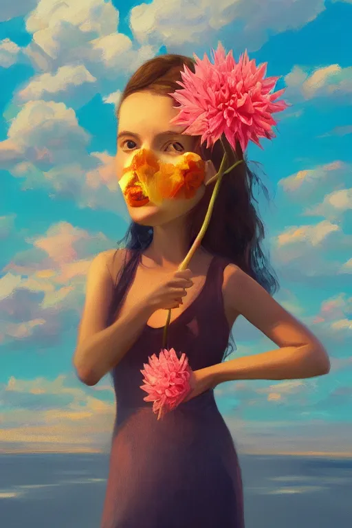 Image similar to closeup girl with huge dahlia flower face, on the beach, surreal photography, blue sky, sunrise, dramatic light, impressionist painting, digital painting, artstation, simon stalenhag