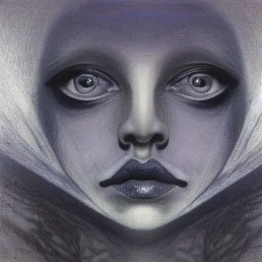 Image similar to Close-up of Goldfrapp, pencil drawing. El Greco, Remedios Varo, Salvador Dali, Carl Gustav Carus, John Atkinson Grimshaw. Blue tint. Symetrical, logo, geometric shapes.