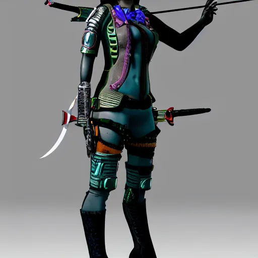 Image similar to full body photo of a cyberpunk female archer