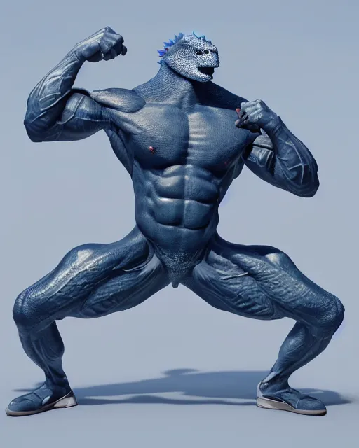 Image similar to navy blue color lizard man, muscle and bara, wearing fitness sporty tanktop, fantasy character design, octane render, 8 k