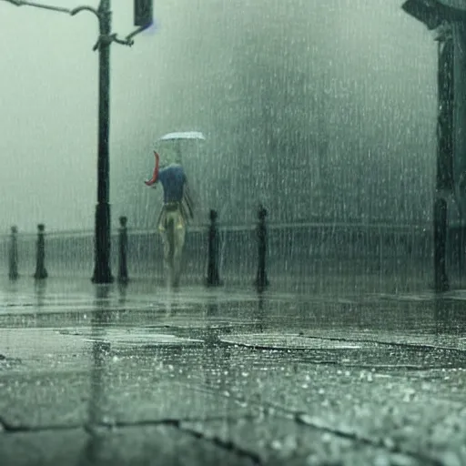 Image similar to Spiderman standing under rain with,mellow , dramatic, sad ambience. Heroic scene , 4k