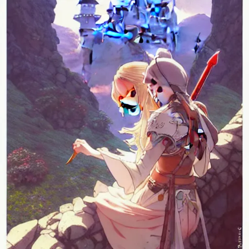 Image similar to the knight and the sword of rose petal, anime, castle core, mountains, rocky roads. by hayao miyazaki and rossdraws and artgerm and greg rutkowski and alphonse mucha and studio ghibli and ilya kuvshinov. high quality, stunning, intricate detailed environment. 8 k