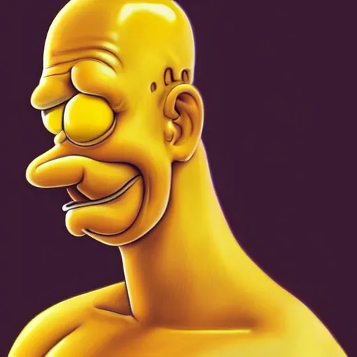 Image similar to beautiful realistic portrait of homer simpson, yellow skin by artgerm, leonardo di vinci