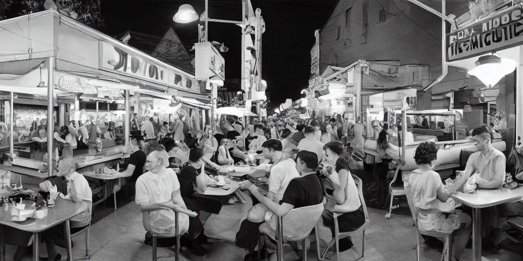 Image similar to detailed sharp photograph in the style of popular science circa 1 9 5 5 and gregory crewdson of a 1 9 5 0 s crowded diner summer night