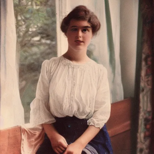 Image similar to a vintage 1 9 1 0 s kodachrome slide portrait of a young woman at home.