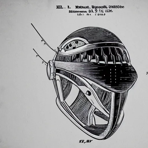 Image similar to a patent drawing of an intricate detailed vr headset from the future in the shape of a medieval knight helmet, extremely detailed alien technology vr!!! headset, with arrows and side angels