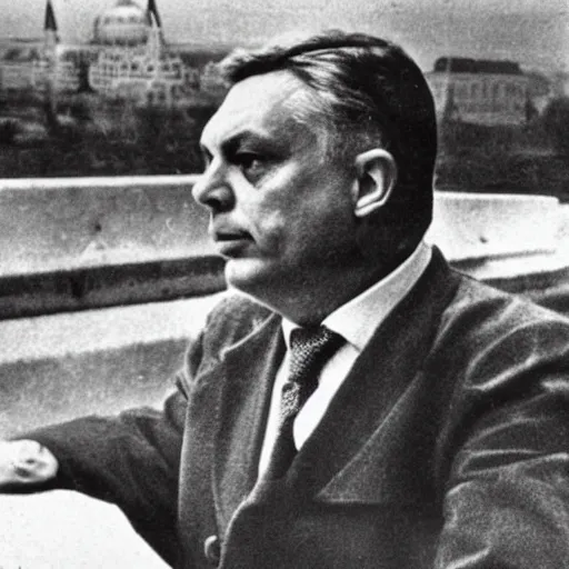 Image similar to leader of fascist hungary, viktor orban, overseeing the war torn city of budapest during the siege 1 9 4 5