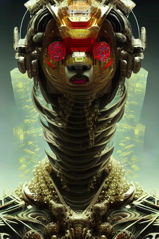 Image similar to asura from chinese myth, ghost, gorgeous and huge head ornaments, dystopian, cyberpunk, organic fractal mycelum and fungi, mecha, halfturn portrait of a big crystal face made of crystals half - turn, ominous, intricate, studio, art by anthony macbain + greg rutkowski + alphonse mucha, concept art, 4 k, sharp focus