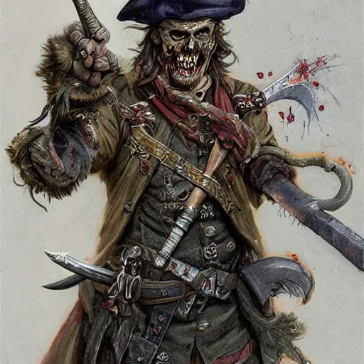 Image similar to Zombie pirate Captain wielding a sandstone rapier and sandstone dagger. Wearing a hat with an impressive feather and with a brutal scar across his neck, fantasy D&D character, portrait art by Donato Giancola and Bayard Wu, digital art, trending on artstation, 4k