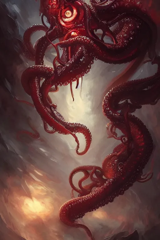 Prompt: art masterpice, demonic tentacled cthulu descending from the clouds, intricate, beautiful cinematic lighting, stunning painting by artgerm, caravaggio, android jones, wadim kashin