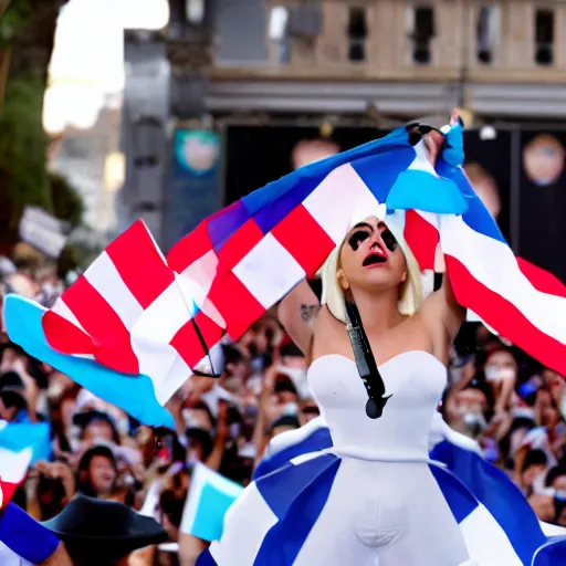 Image similar to Lady Gaga as president, Argentina presidential rally, Argentine flags behind, bokeh, giving a speech, detailed face, Argentina