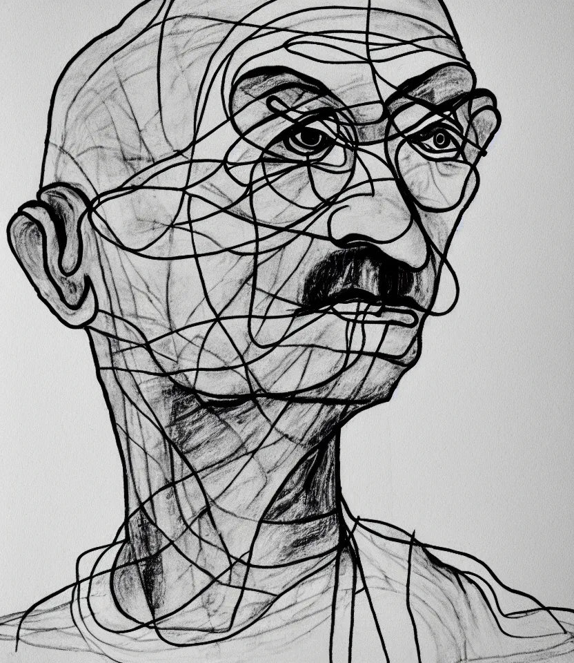 Prompt: elegant minimalist line art portrait of mahatma gandhi. inspired by egon schiele. contour lines, graphic musicality, twirls, curls and curves, strong confident personality, staring at the viewer