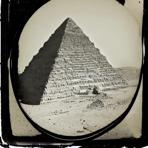 Prompt: tintype photo, ufo crashing into a pyramid