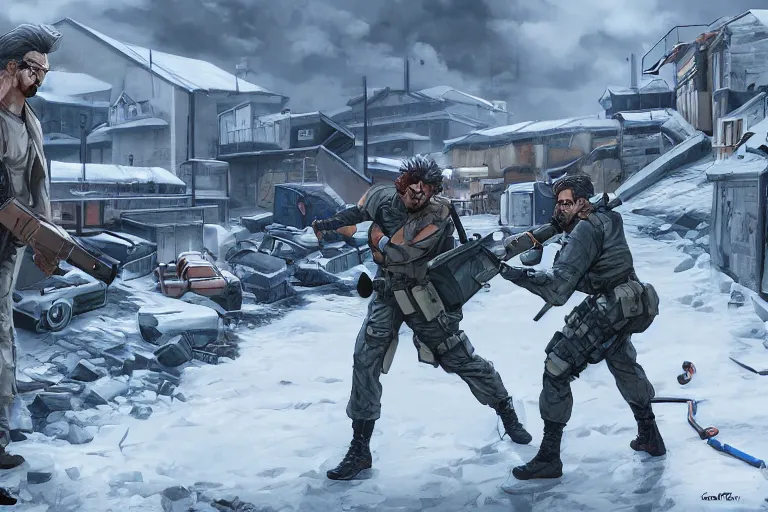 Prompt: Solid Snake against Gordon Freeman, melee fight against each other on an abandoned military base, winter, very detailed, hyper realism, epic, digital art, concept art, illustration, artstation, cgi, 4k, skirmish, brawl