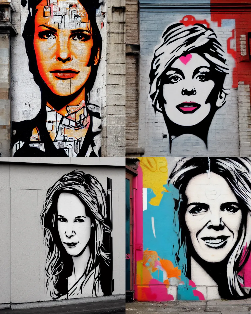 Prompt: graffiti portrait of stephanie march, street art by shepard fairey and banksy