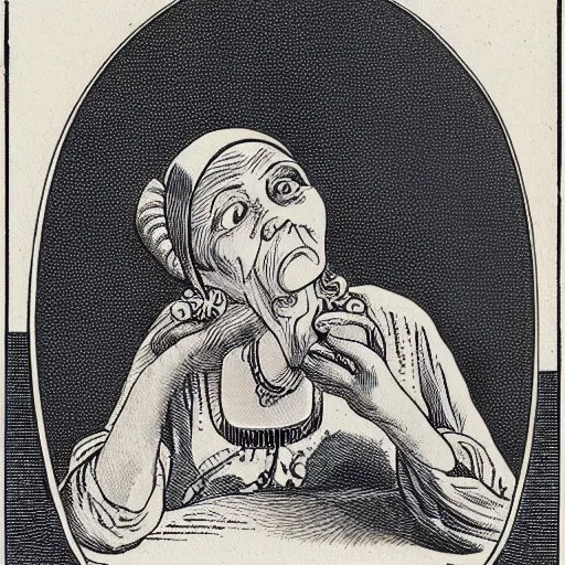 Image similar to a stylized image of an old woman swallowing a whole goat