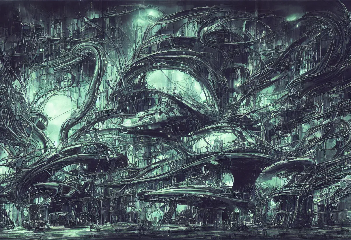 Prompt: a giant nudibranch in the foreground in front of a massive brutalist nuclear plant, flat panels, glowing windows, subdued colors, biomechanical, biopunk, pitch black, low key, dark, gloomy, hazy, spotlights, leds, dramatic lighting, watch tower, helicopter, vignette, art by hr giger, digital art