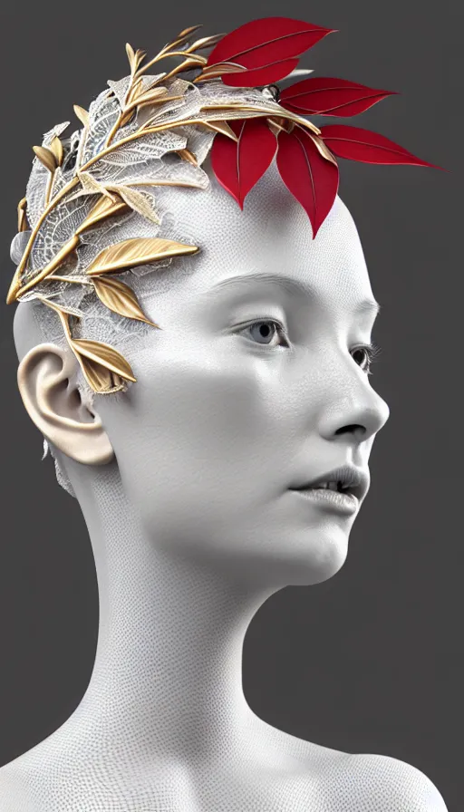 Image similar to complex 3d render ultra detailed of a beautiful porcelain profile woman face, mechanical vegetal cyborg, 150 mm, beautiful studio soft light, spot light, rim light, silver gold red details, luxurious, magnolia big filigran leaves and stems, roots, Alexander Mcqueen haute couture, fine foliage lace, mesh wire, filigran metallic intricate details, hyperrealistic, mandelbrot fractal, anatomical, silver metal armor, facial muscles, cable wires, microchip, elegant, white background, beautiful white teeth, octane render, H.R. Giger style, 8k