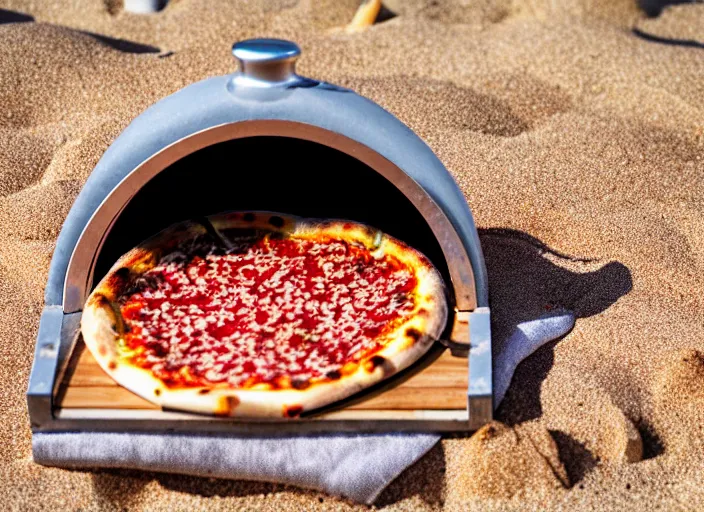 Image similar to clear highly detailed photorealistic food photograph of a wood oven cooked pizza with salami anchovies pepperoni lying on beach sand at sunset, waves next to it