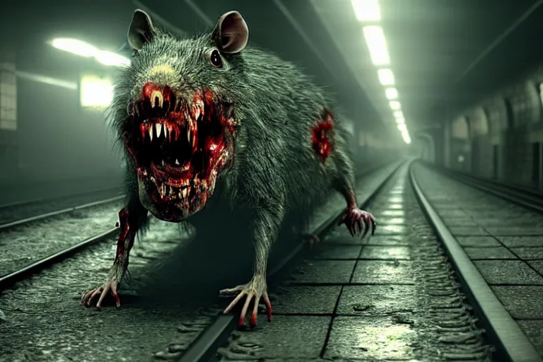 Image similar to very large giant mutant zombie irradiated ( angry rat ) staying on railways in tonnel of moscow subway. tonnel, railways, giant angry rat, furr, fangs, claws, very realistic. fog, silent hill style, extreme long shot, herman nitsch, giger, unreal engine.