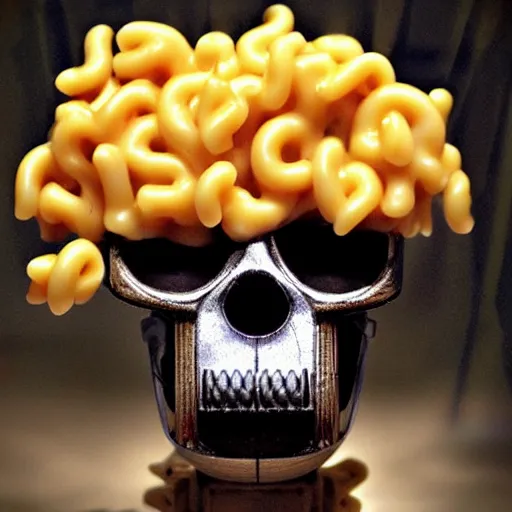 Prompt: sci-fi macaroni and cheese serviced out of a cyborg robot skull. photograph.