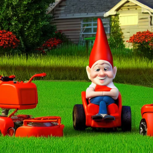 Prompt: gnome wearing red hat sitting on fancy riding lawn mower in backyard afternoon 2019 Pixar render SSAO ray marching black and orange lawn mower designed by Ikuo Maeada