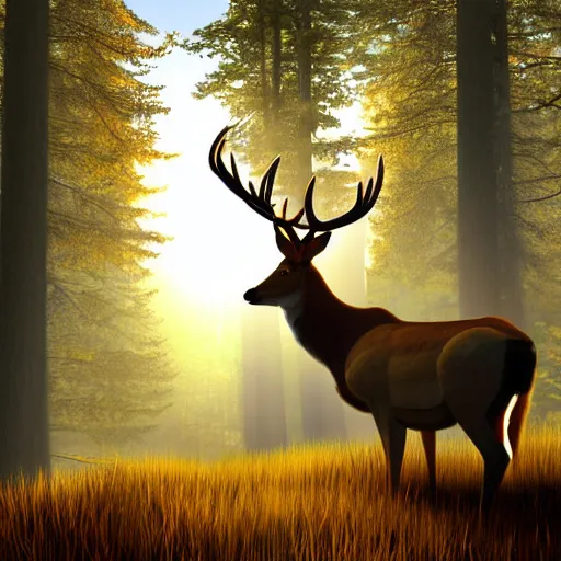 Prompt: buck white tail with large antlers standing on top of a hill with light shining through the trees in the early morning, global illumination, volumetric shadows, volumetric lighting digital painting, trending on artem, trending on deviantart,
