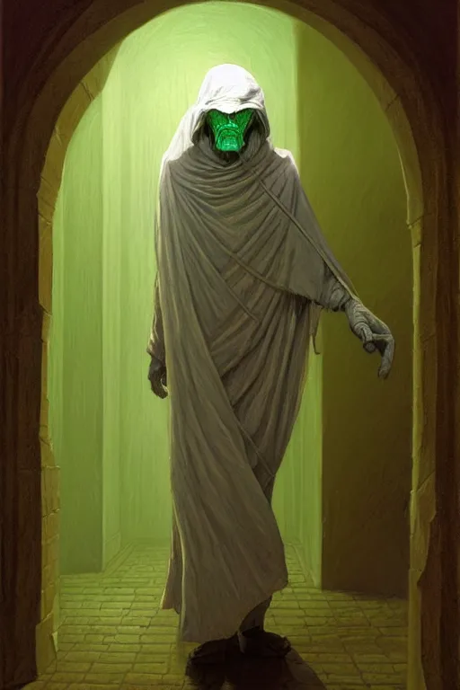 Prompt: classic oil painting, a wrapped white mummy wandering the halls, as a dnd character, inside a gray tomb, cottagecore, highly detailed, digital illustration, green smoke, concept art, smooth, sharp focus, art by tim hildebrandt, and greg hildebrandt