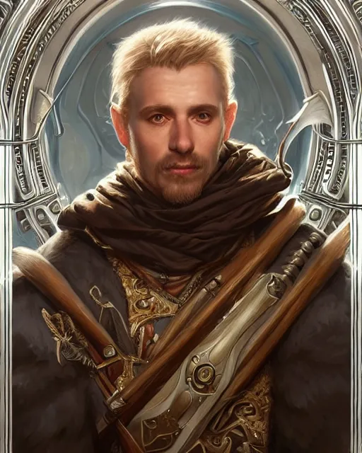 Image similar to white male rogue bard portrait | highly detailed | very intricate | symmetrical | cinematic lighting | award - winning | closeup portrait | painted by donato giancola and mandy jurgens and charlie bowater | featured on artstation