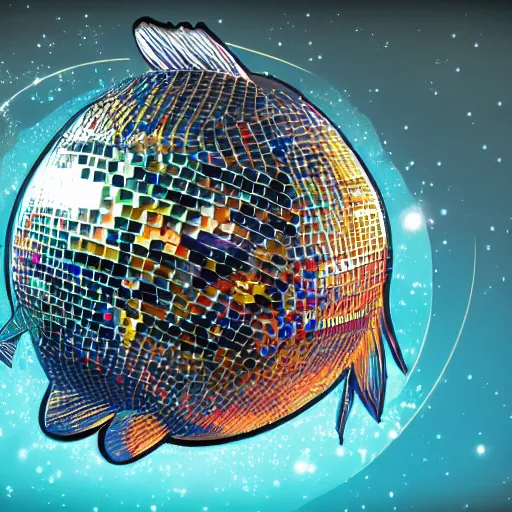 Image similar to concept art from an indie video game about fish that can transform to a disco ball tending on artstation