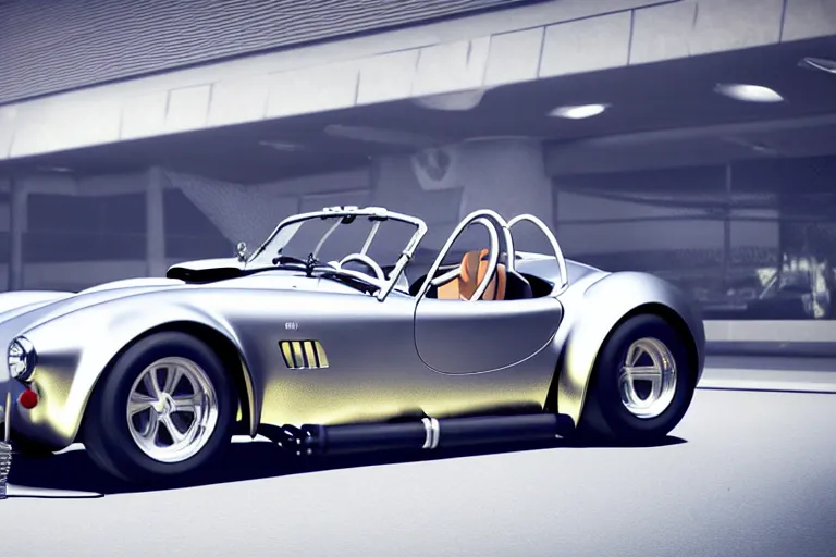 Prompt: a wholesome animation key shot of!! one!! focused!! ac cobra!! in reflective stainless steel unpainted, in a las vegas street, medium shot, studio ghibli, pixar and ( disney ) animation, sharp, very detailed, high resolution, rendered in unreal engine 5, anime key art by greg rutkowski, bloom, dramatic lighting