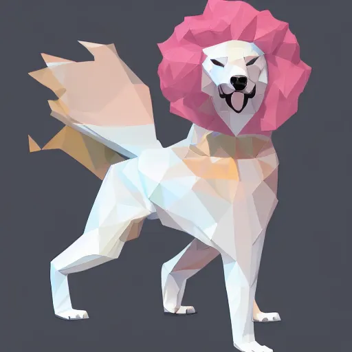 Image similar to aesthetic albino dog fursona portrait, commission of a anthropomorphic lion on fire, fursona wearing stylish clothes, winter armosphere, pastel simple art, low poly